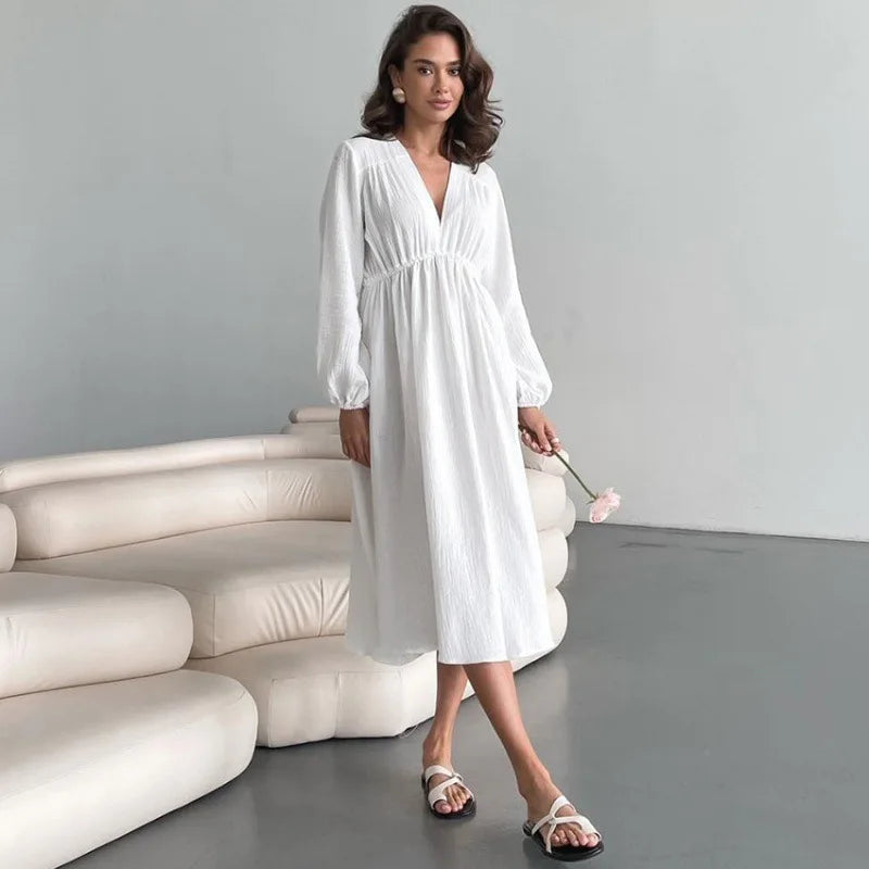 Enyami Boutique Women Casual Loose Fall Spring 100% Cotton Chic Puff Sleeve Pajama robe V Neck A-Line Long Dress