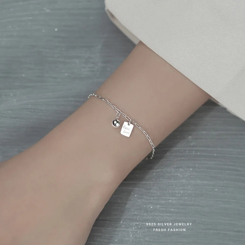Hot Selling Engraving Good Luck Square Silver Bracelet Simple Design 925 Sterling Silver Lucky Bracelet Jewelry for Gifts