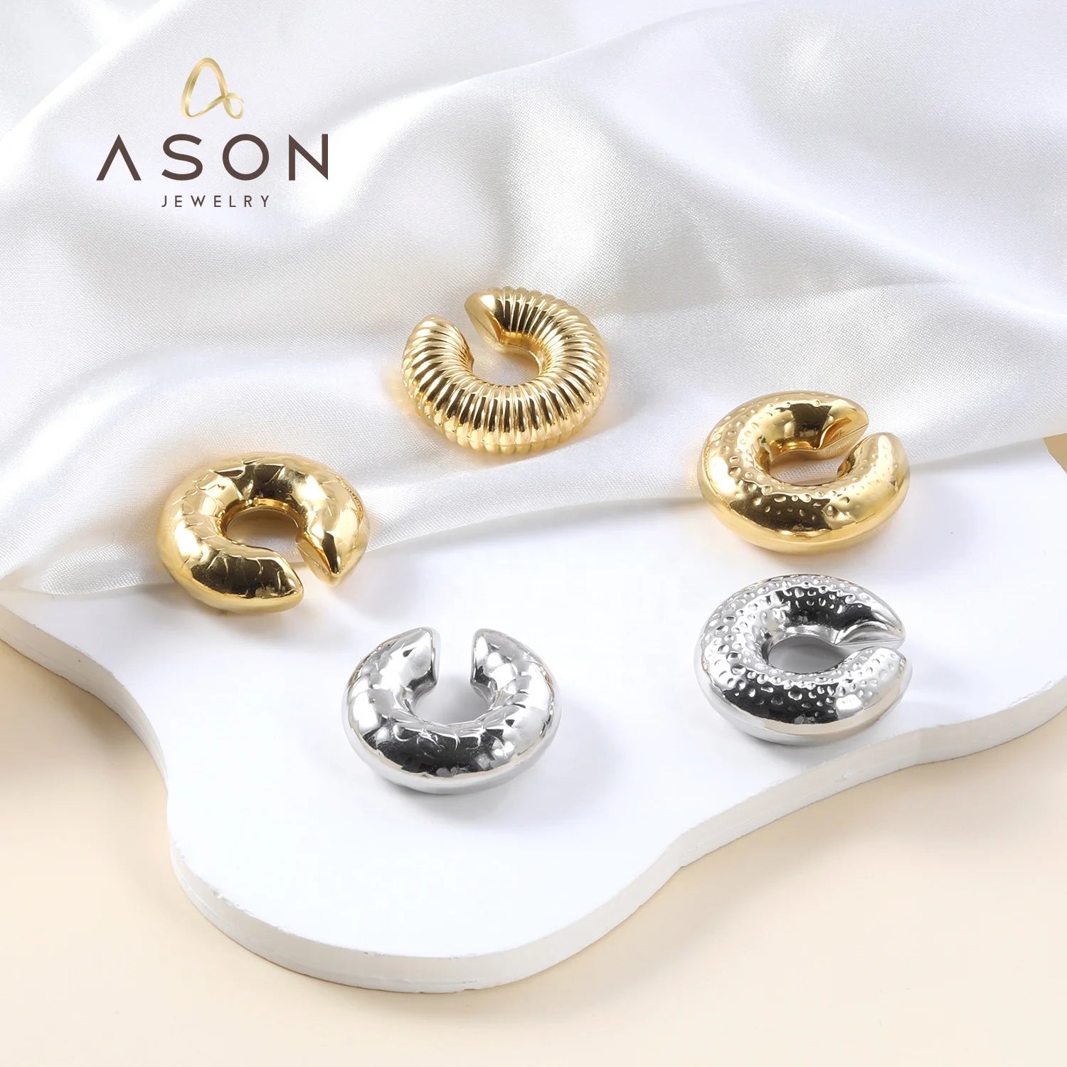 Ason Jewelry Gift Design C Shaped Waterproof Jewelry Women Hollow 18K Gold PVD Plated Stainless Steel Open Ear Clip on Earring