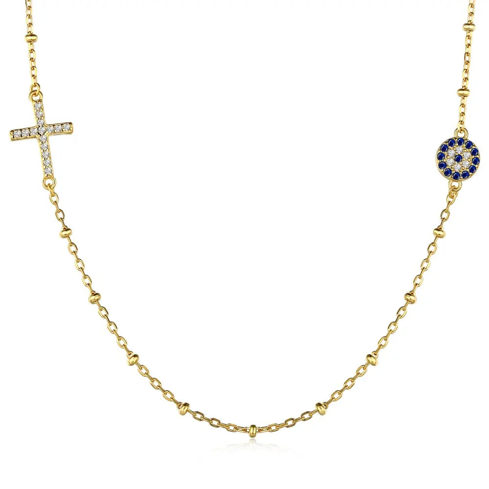 Drop Shipping Fine Jewelry Hot Selling Turkish Blue Devil Eye Pendant Necklace Paved Diamond Cross Necklace For Girls Women
