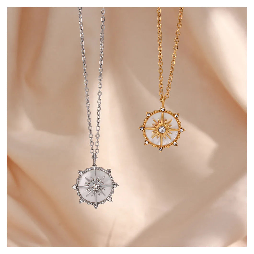 Minimalist Women Jewelry 18K Gold Plated Stainless Steel Compass Pendant Diamond Figaro Chain Dainty North Star Sun Necklace