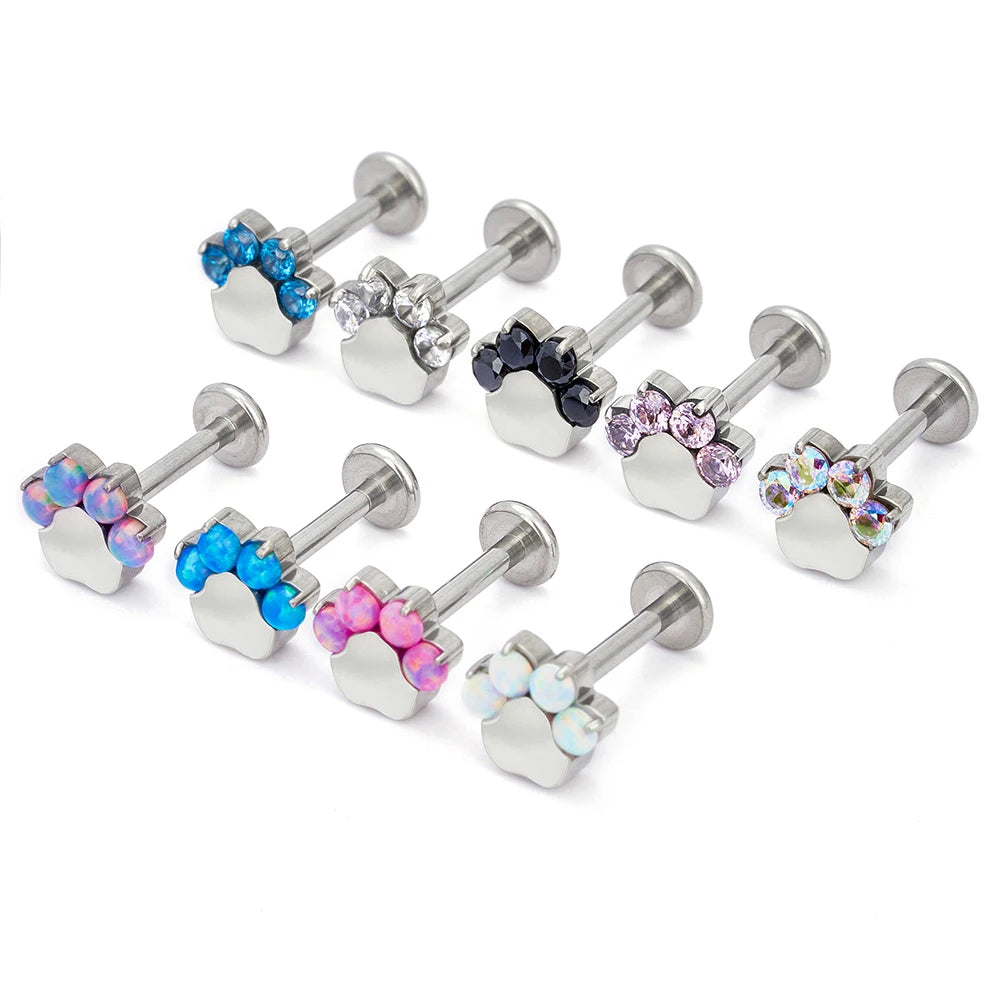 ASTM F136 G23 Titanium 16G Ear Nose Studs Zircon Insert Puppy Dog Paw Style Cute Earrings Cartilage Tragus Body Piercing Jewelry
