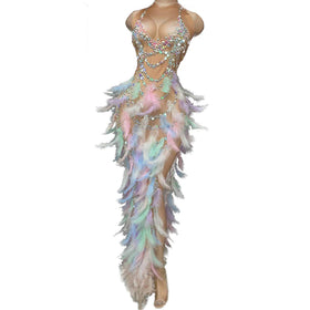 Feather Dress Sleeveless Performance Rhinestone Nightclub Wedding Party Dress Women High Slit Evening Dresses Stage Costumes