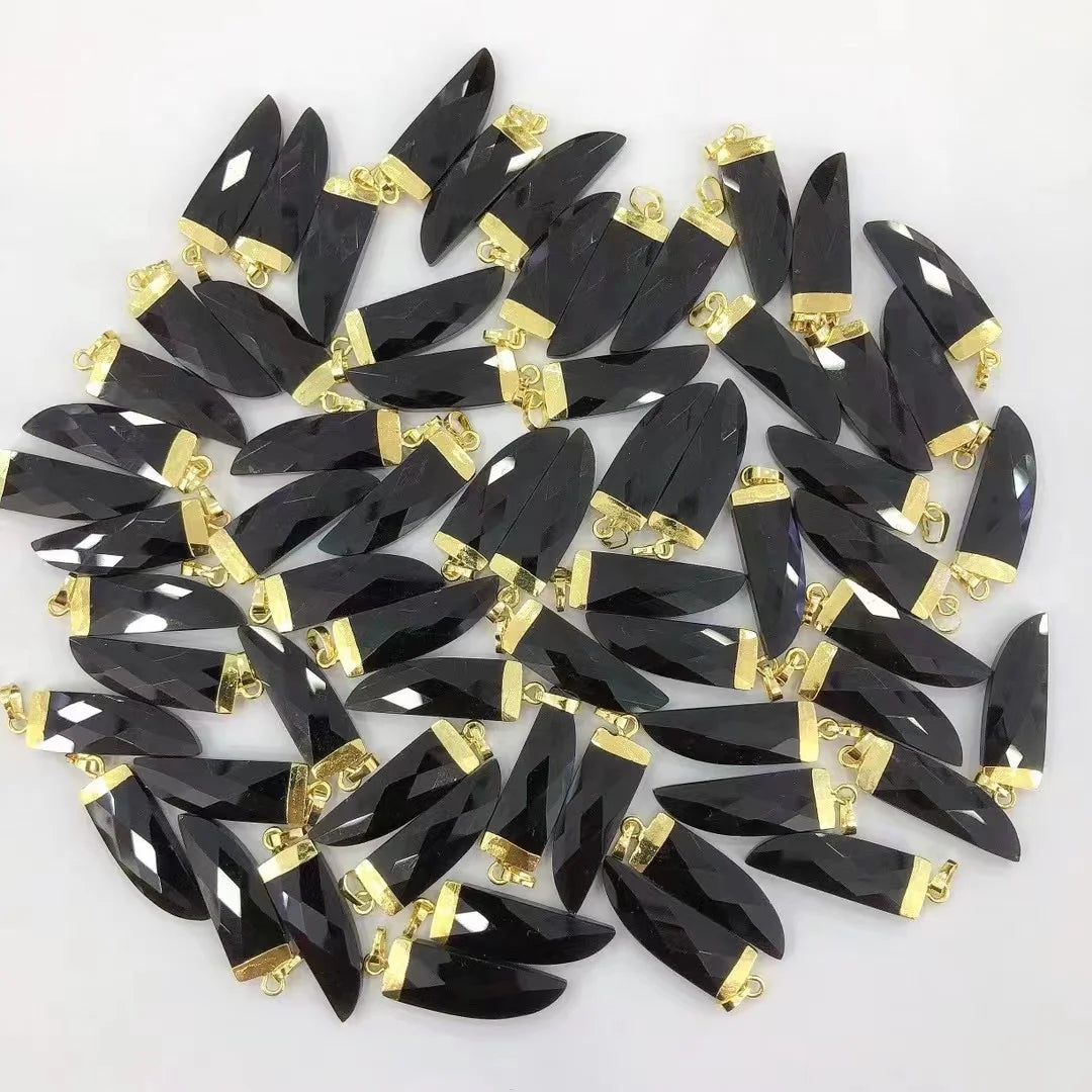 Natural Black Obsidian Gold Plated Children's Classic Knife Shape Pendants Fashion Charms for Making Jewelry Wholesale