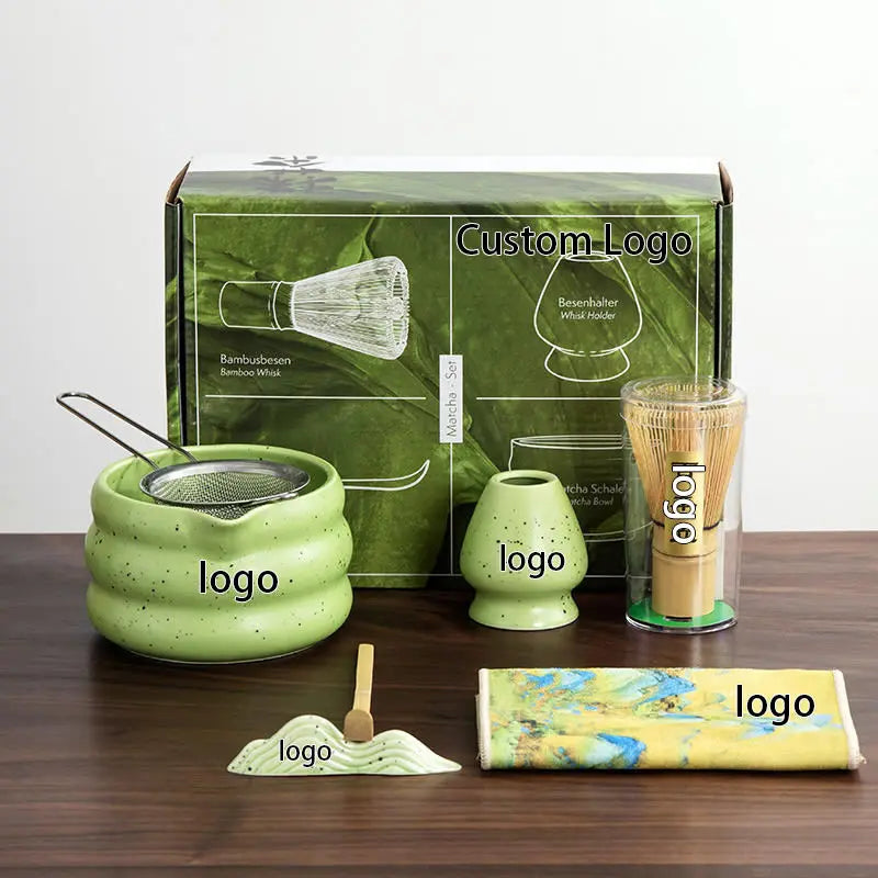 7PCS OEM ODM Japanese Cute Ceramic Matcha Tools Gift Box Chasen Holder Stand Bowl Bamboo Whisk Grinder Brushes Matcha Tea Set