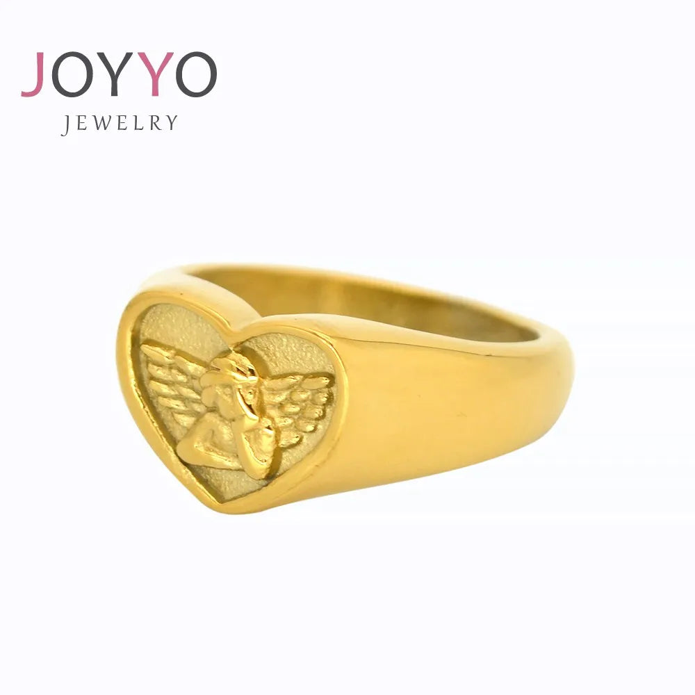 Cupid Angel Heart-shaped love Ring Jewelry 18K Gold Plated Stainless Steel Ring Women