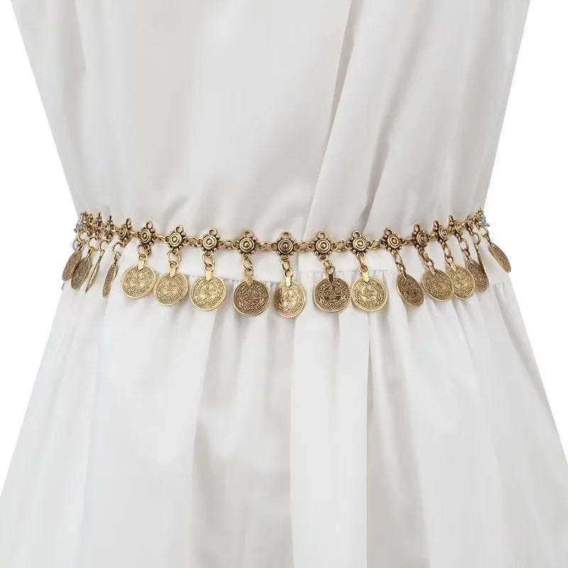 Women Hip Hop Alloy Gold Color Belly Waist Chain Tassel Coins Waist Chain Belt for Dress Belt Fashion Jewelry