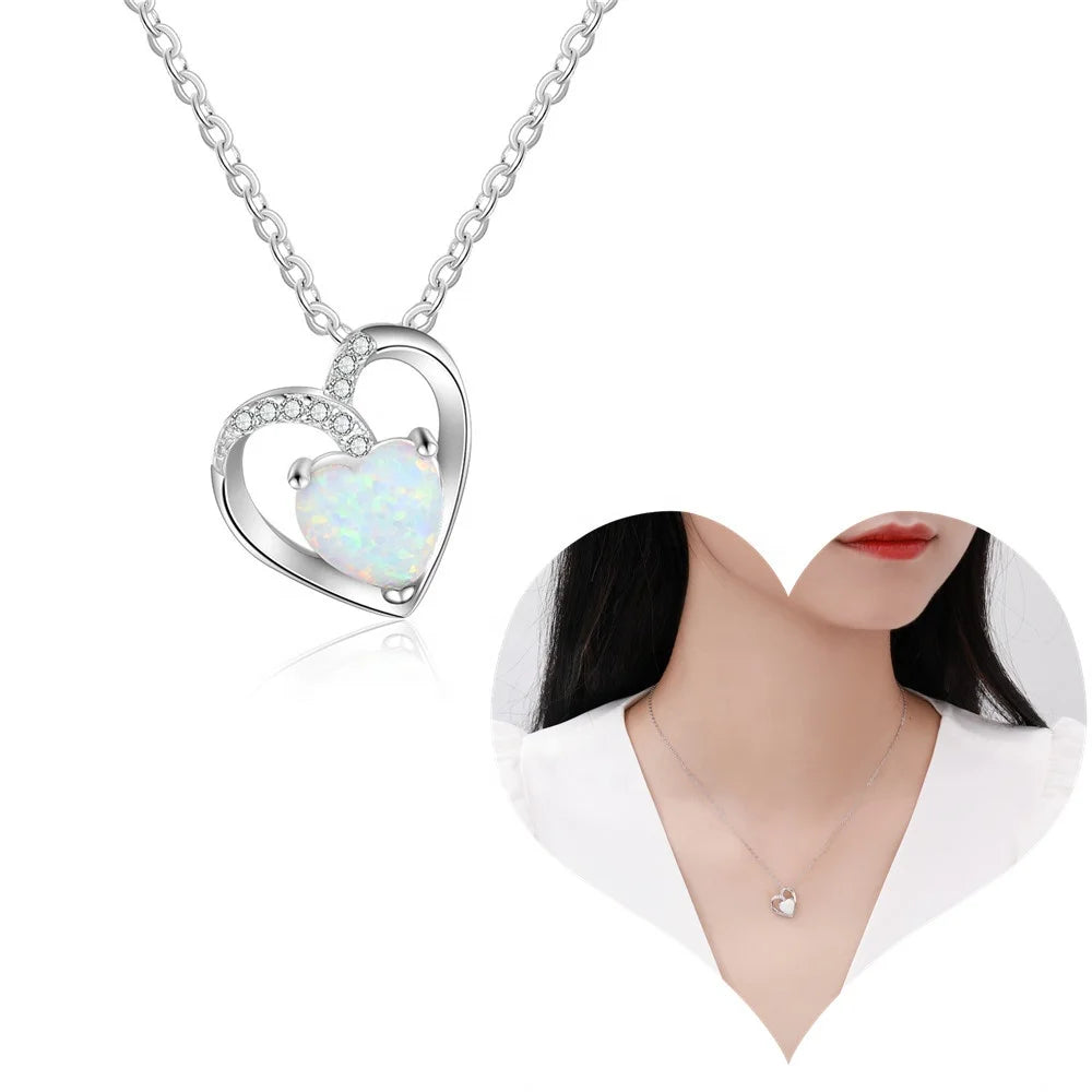 925 Sterling Silver Opal Heart Necklace Drop Pendant Cross Link Cable Chain Necklaces Woman Dainty Clavicle Necklace Chain Gifts