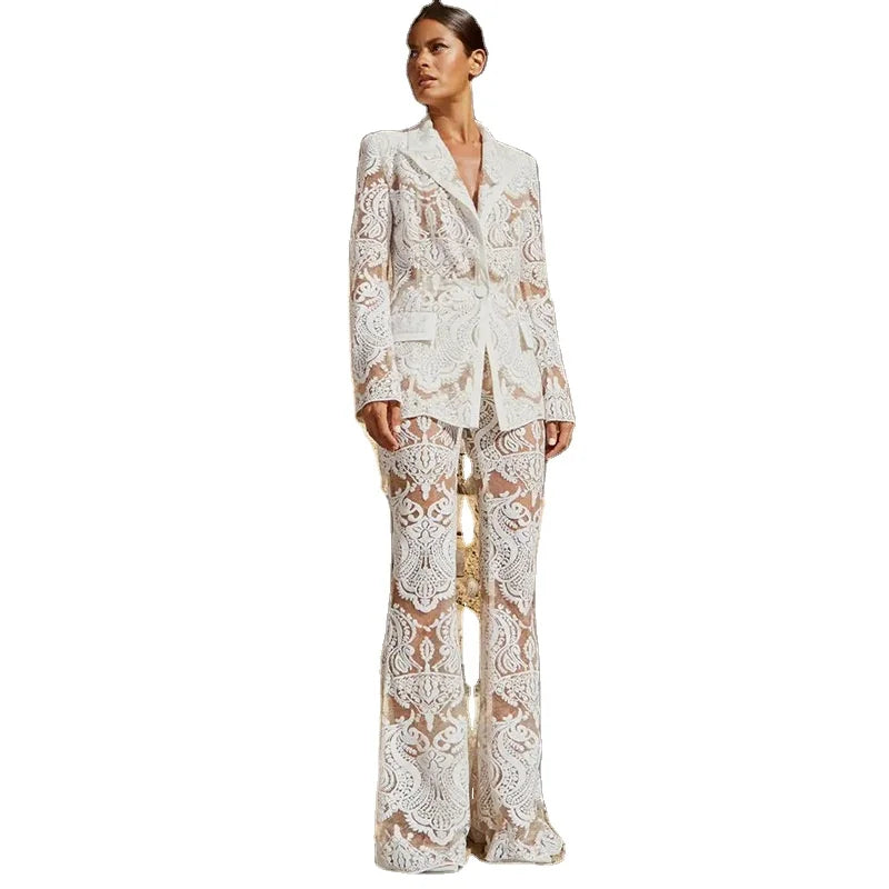 Fashion New Mesh Embroidered Sequin Jacket Trousers Women Suits Set Blazer Two Piece Women's Suits