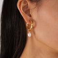 Waterproof 18K Gold Plated Stainless Steel Fashion Pearl Pendant Hoop Huggie Earrings for Women