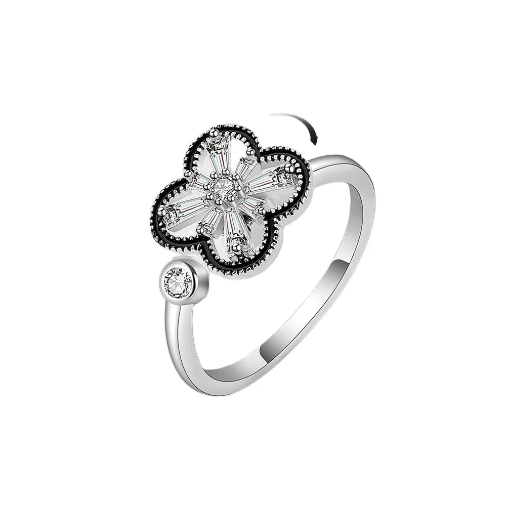 Daidan Open Ring Silver 925 Lucky Four Leaf Clover Zirconia Fidget Rotating Clover Ring