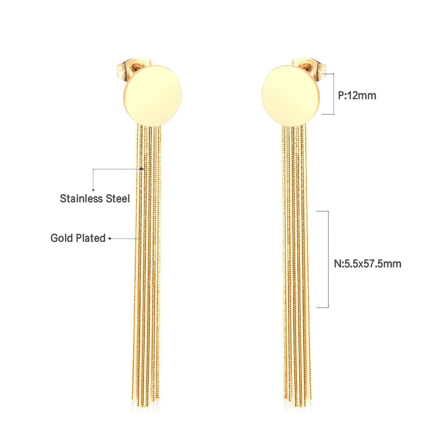 18K PVD Gold Plated Circle Tassel Drop Earrings Stainless Steel Wedding Party Fashion Jewelry Dangle Earrings for Women