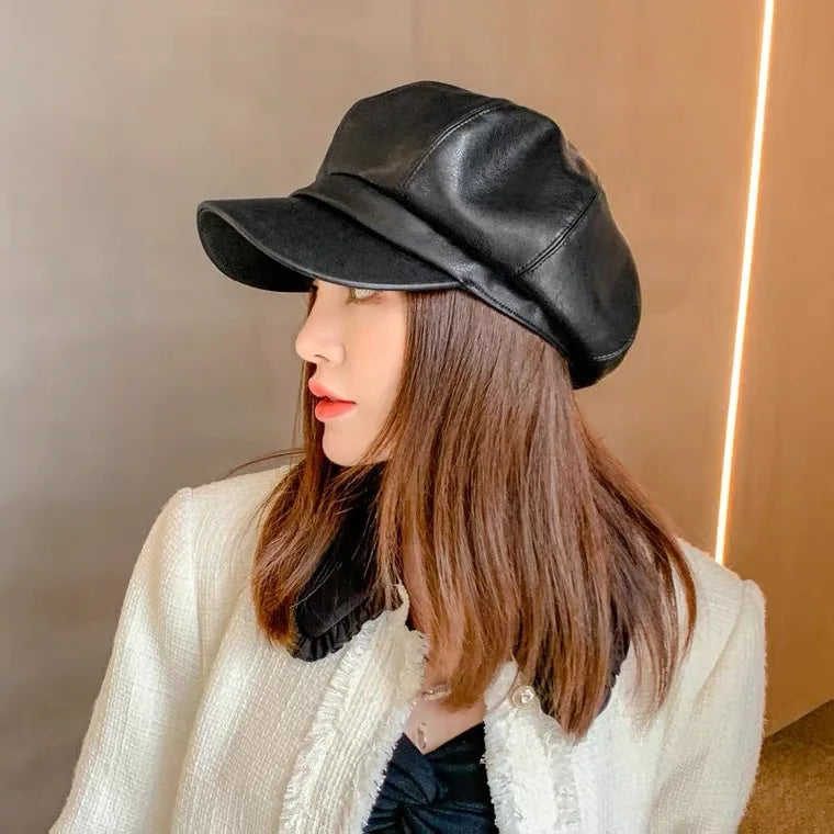 2026 Hot Sell Fashionable PU Leather Material Bonia Student Hat Newsboy Peaked Cap Flat Beret Hats for Ladies