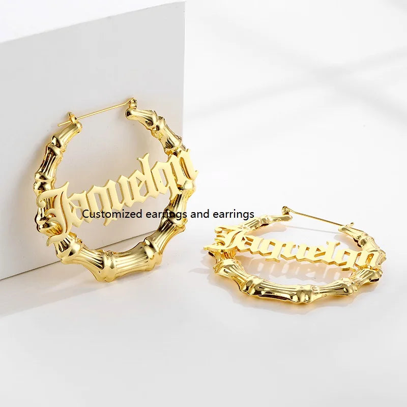 Personalized Jewelry Wholesale Gold Stainless Steel Large Circle Earrings Custom Bamboo Earrings Hoop Name Earrings for Women