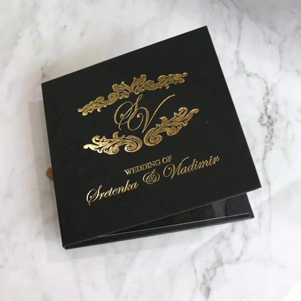 High-end Black Gray Board with Gold Foiling Transparent Acrylic and Small Card with Pocket for Wedding