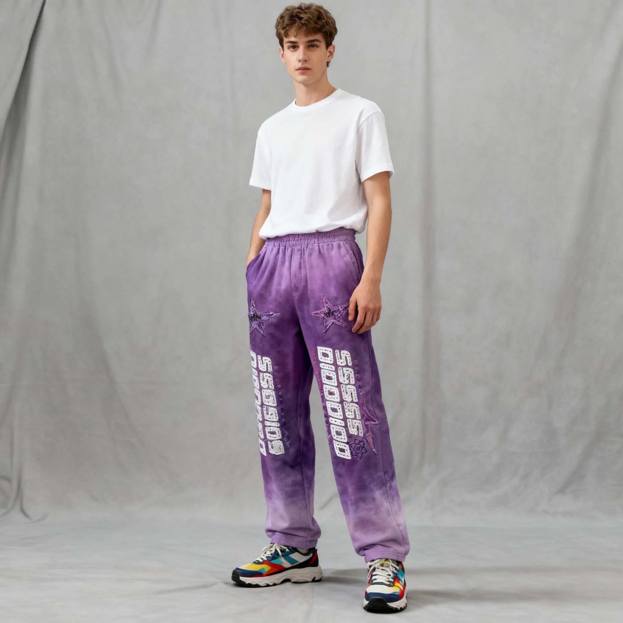 Wholesale Embroidery Rhinestones Acid Wash Stacked Sweat Pants Men Custom Sports Suit Jogging Baggy Mens Sweatpants