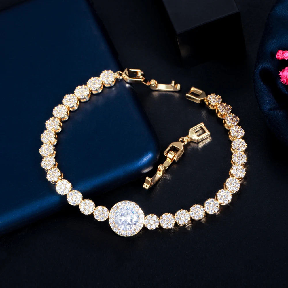 Shining 18k Gold Plated Top White Round Cubic Zircon Evening Party Tennis Bracelet Jewelry for Female Wedding Christmas Gift