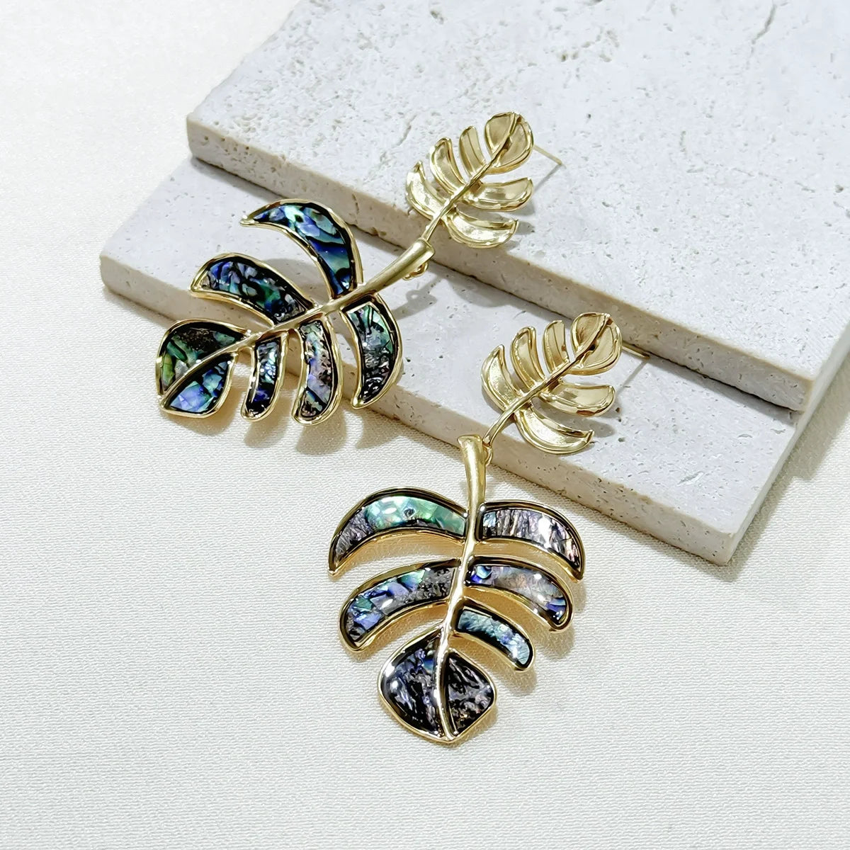 Fashion Natural Abalone Shell Leaf Drop Dangle Earrings Prevent Allergy Stainless Steel Golden Daily Jewelry