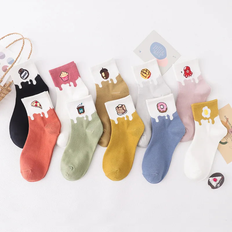 Trendy Flowing Cream Funny Food Pattern Cotton Socks Women Funky Snack Logo Socks Quarter Long for Girls