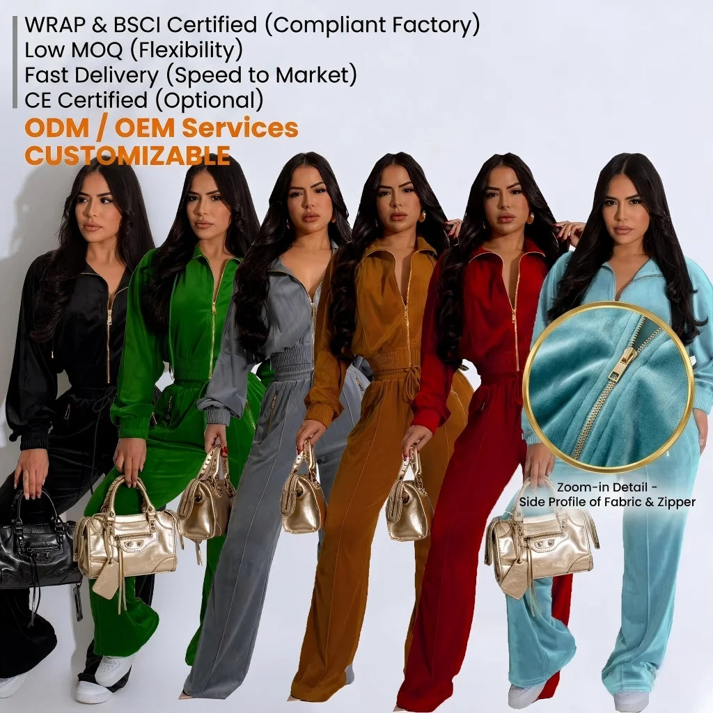 New Fashion Women's Long Sleeve Zipper Jackets Velvet Winter Clothing Wide Leg Pants Soft Casual Blank Sport Suits ODM OEM