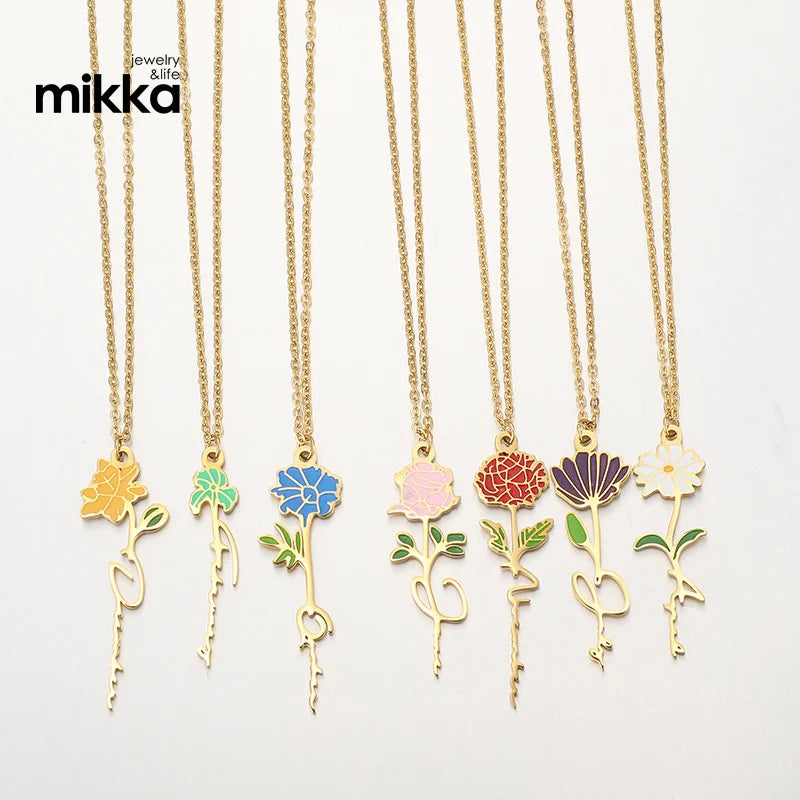 Wholesale Stainless Steel Enamel 18K Gold Plated Dainty Name Necklace With Birth Flower Design Jewelry