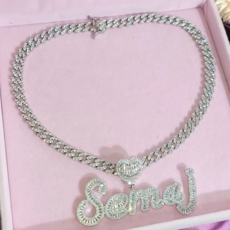 Luxury Customized Name Pendant Necklace Real Gold Plated with Micro Paved Baguette CZ Bling Bling Style for Wedding Occasions