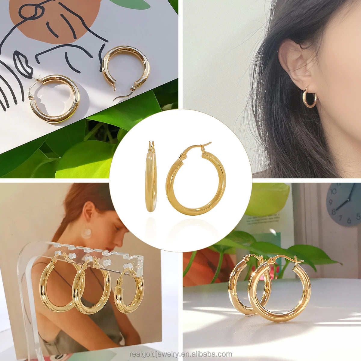 Trendy 14K Pure Gold Earring Hoops Light Weight Real AU585 Hollow Hoops Fine Jewelry Earrings