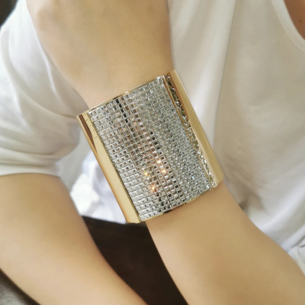 Luxury Sparkling Rhinestones Alloy Big Cuff Bracelets Bangles Women Charm Party Wedding Jewelry Statement Accessories