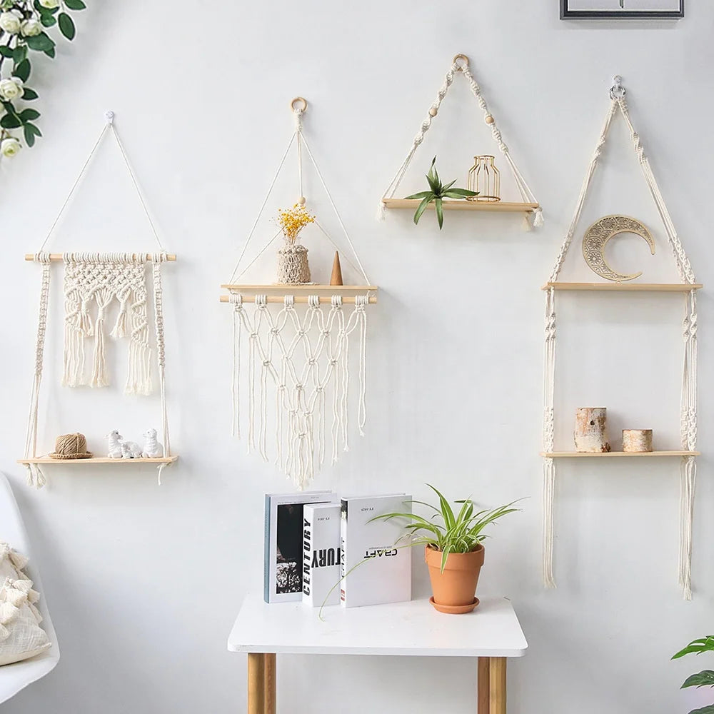 Macrame Wall Shelf Boho Home Decor Shelves on Wall Candle Holder Floating Shelf for Bedroom Wood Decoration Kids Shelving