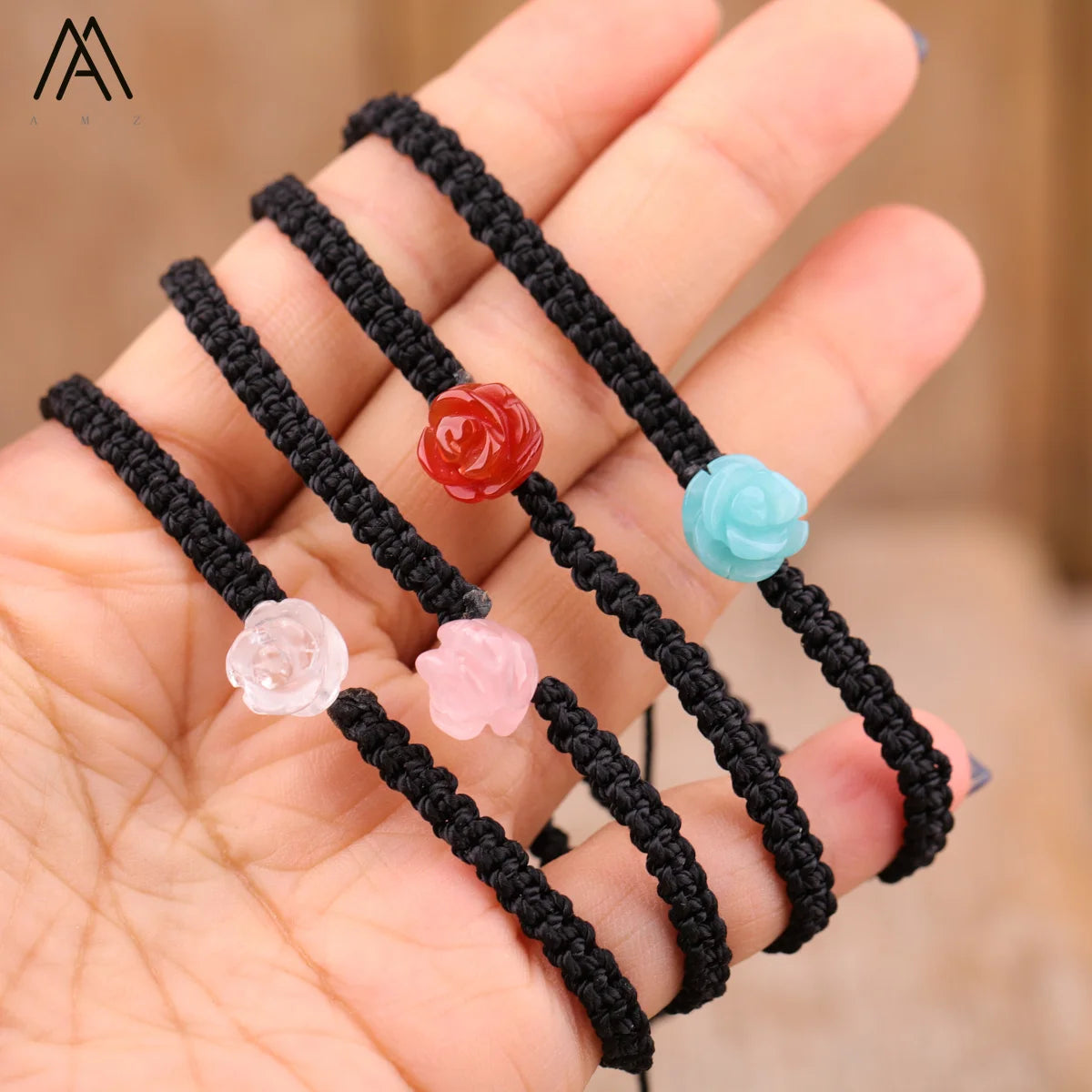 Minimalist Bracelet  Rose Flower  Hand Carved Stone Bead Healing Crystal Jewelry  LOVE  Valentines Gift Bulk