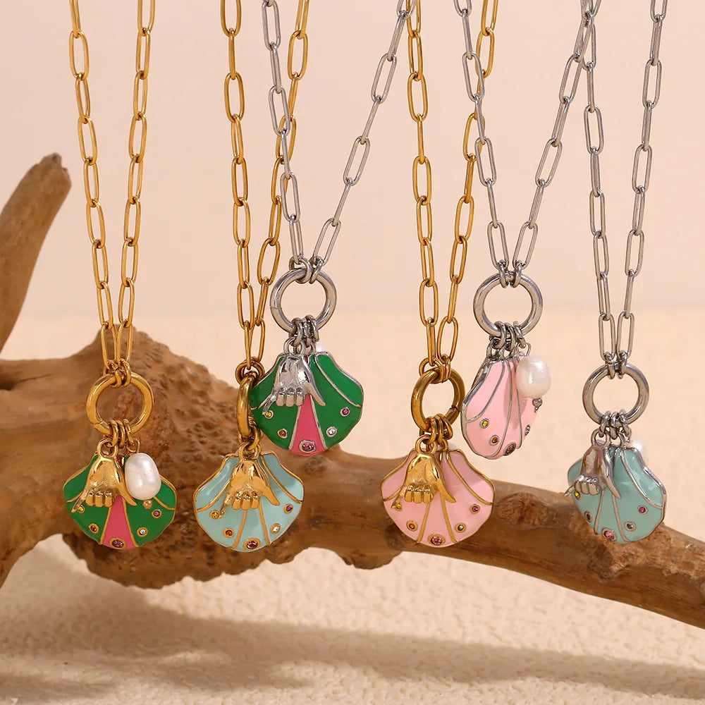 Summer Beach Jewelry Stainless Steel Gold Plated Colored Enamel Shell Pearl Pendant Necklace for Women Waterproof Jewelry