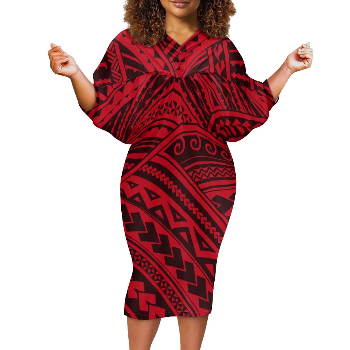 Custom Batwing Sleeve Women's Casual Dress Elegant Red Tribal Design Party Dresses for Plus Size Women Puletasi Samoan Dress