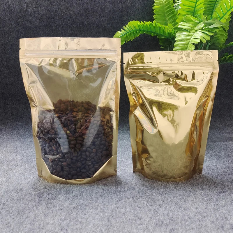 Stand up One Side Transparent clear Other Side Gold Aluminum Zip Lock Food Packaging Aluminum Foil Bag