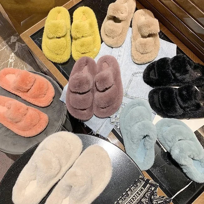 Faux Fur Pink Winter Plush Fuzzy Indoor Home Slippers for Women