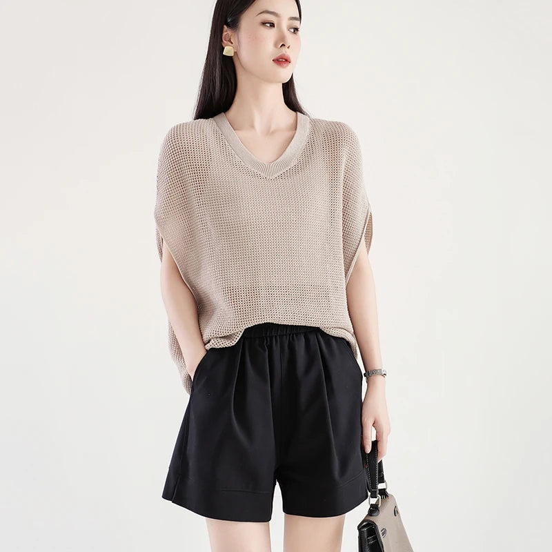 Women's Casual Eco-Friendly Worsted Fabric Breathable Knitted Coat Vest Tops with V-neck Collar for Summer Outer Wear Wholesale