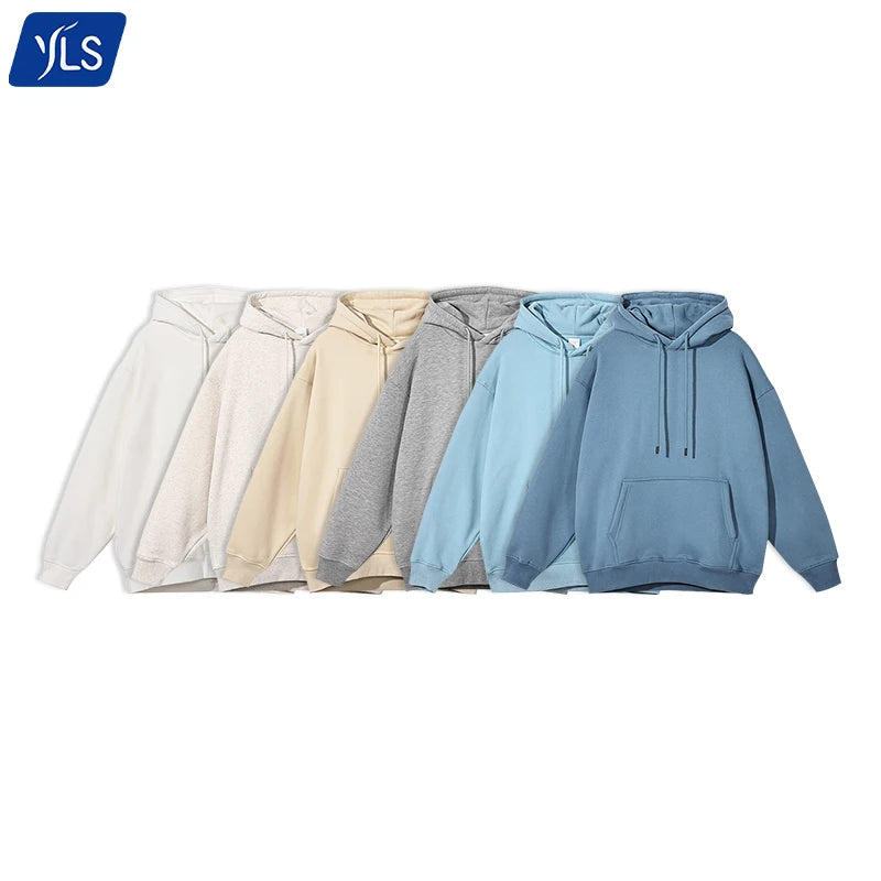 YLS Winter OEM Custom Embossing Solid Hooded Polar Fleece Pullover Hoodie 360GSM Long Sleeve Men's Street Wear