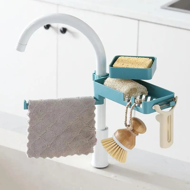 HelloWorld Kitchen Supplies Storage Rack Sink Sponge Holder Drain Rack Material 3 in 1 Rotatable Faucet Rack Rag Shelf Multi Layers