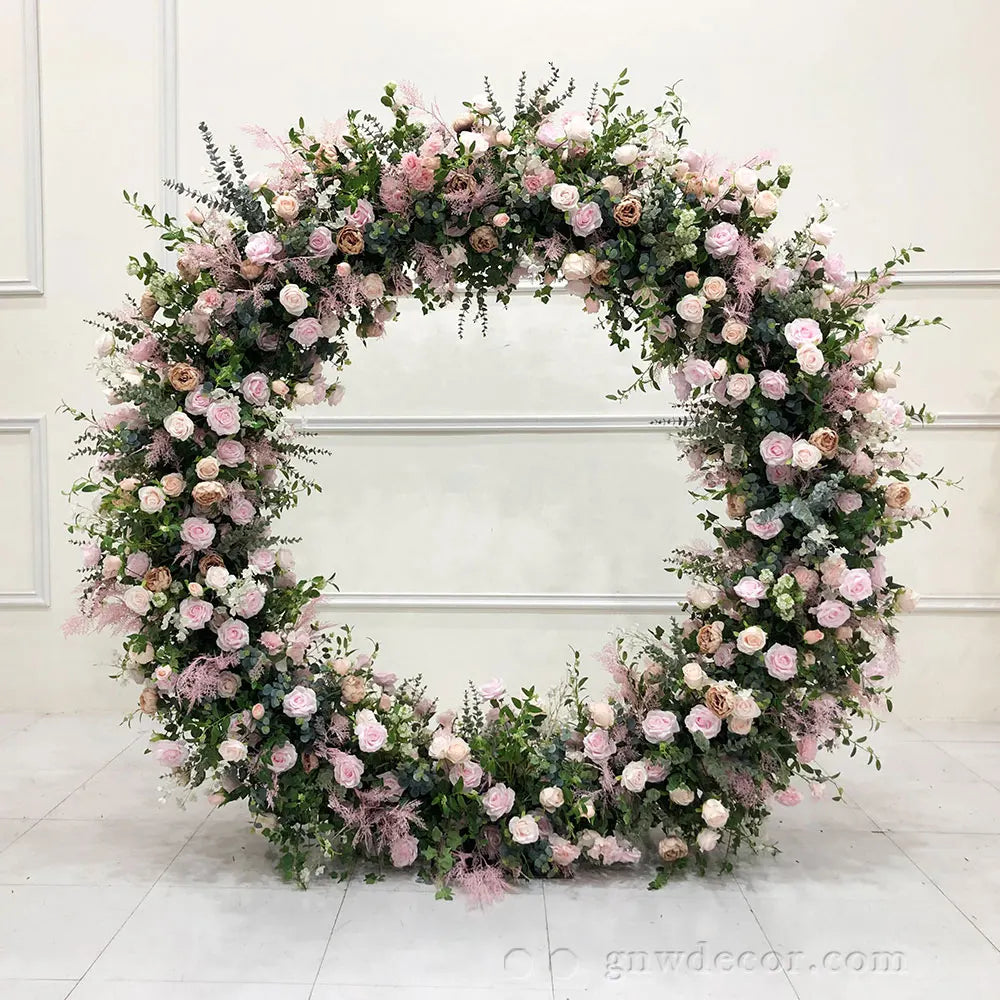 Decorative Flower  Very Full Natural pink Colors Circle Shaped Moongate Background Flower Arch for Wedding Stage