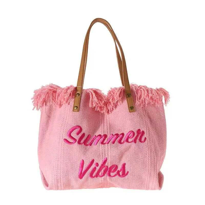 Wholesale Custom Large Oversize Canvas Tote Hand Bag Casual Shoulder Handbag Tassels Zipper Closure Letter Decoration