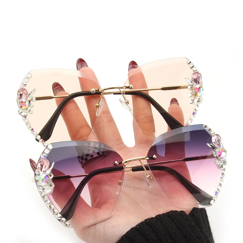 Colorful Fashion Gold Sunglasses with Sparkling Crystal and Pearls UV400 Rimless Diamond for Z0101