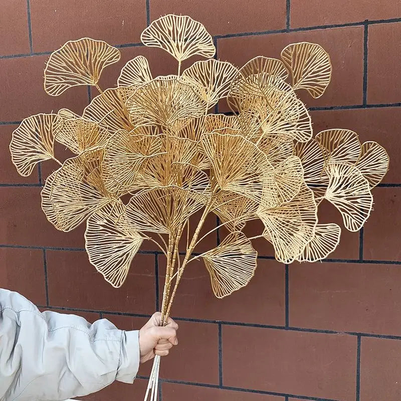 New Arrivals Golden Ginkgo Biloba Leaf Artificial Flowers 3 Forks for Home Decoration During Christmas Easter Mother's Day