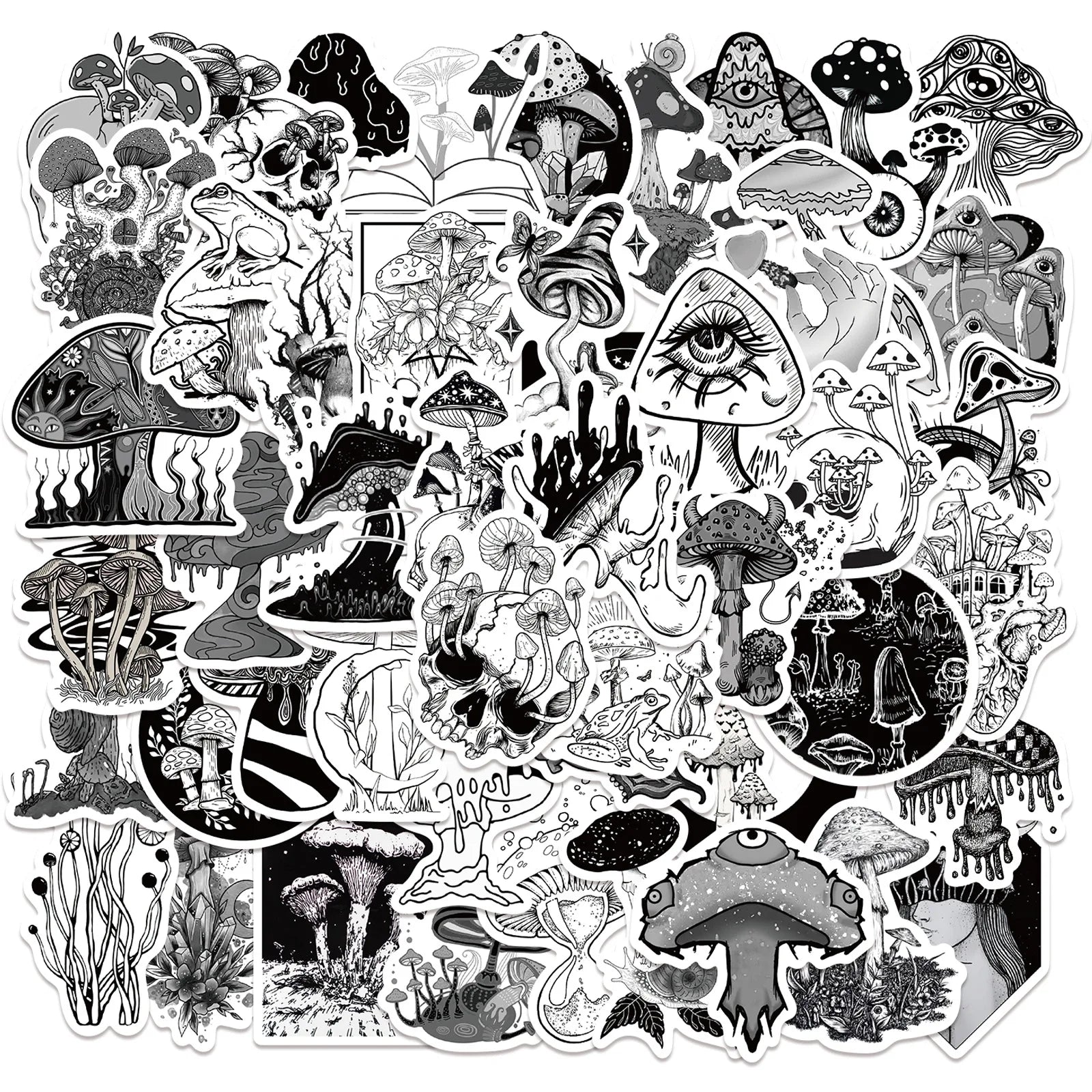 50PCS Gothic Black and White Magic Mushrooms Decor Vinyl Sticker for Luggage Notebook Guitar Mushroom Cat Tree Sticker