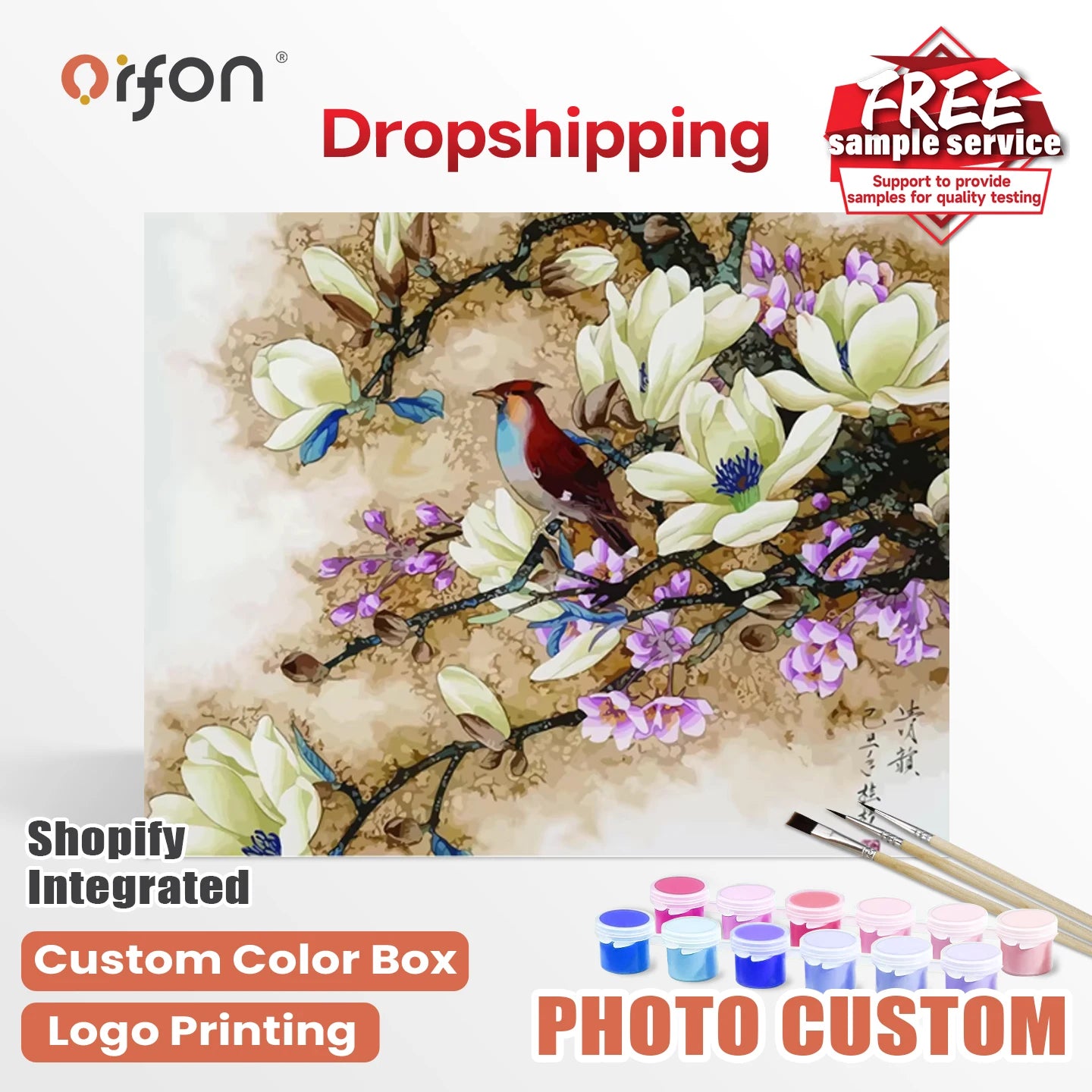 Orfon Dropshipping Magnolia & Perching Bird Paint by Numbers Kit - Elegant Floral Bird Art for Home Decor DIY Craft