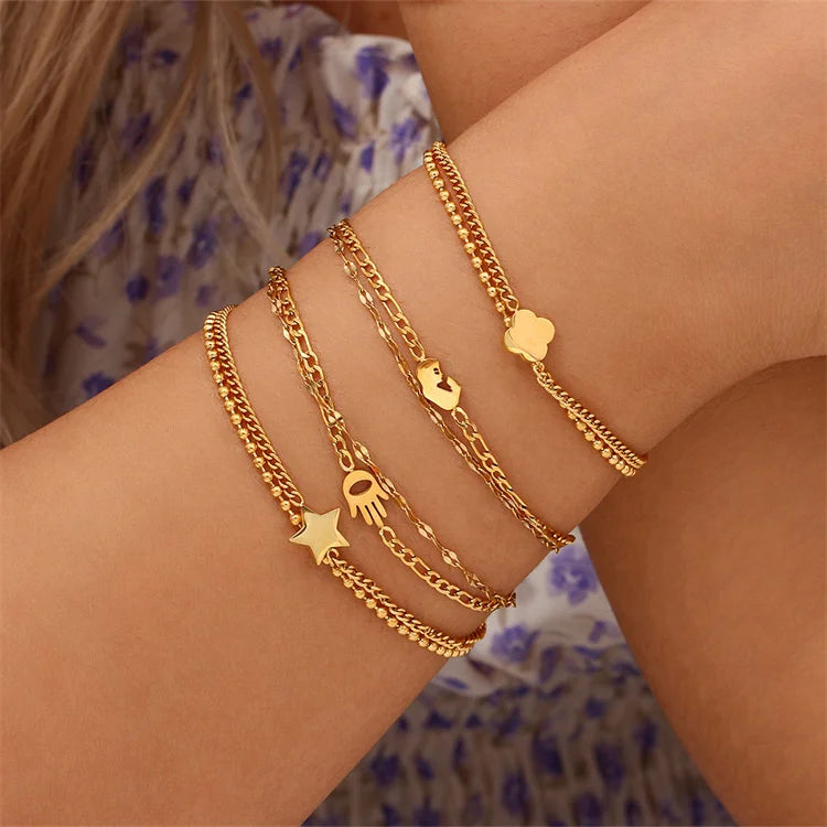 Wholesale Stainless Steel Fashion Bead Chain Double Layered 18k Gold Plated Pentagram Flower Map Feather Pendant Charm Bracelet