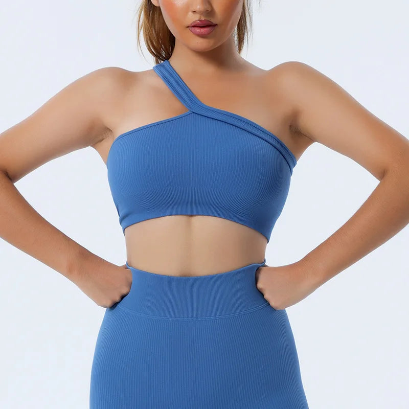 FLW Fashionable One Shoulder Yoga Tops Custom Logo Ribbed Women Blue Crop Tank Top