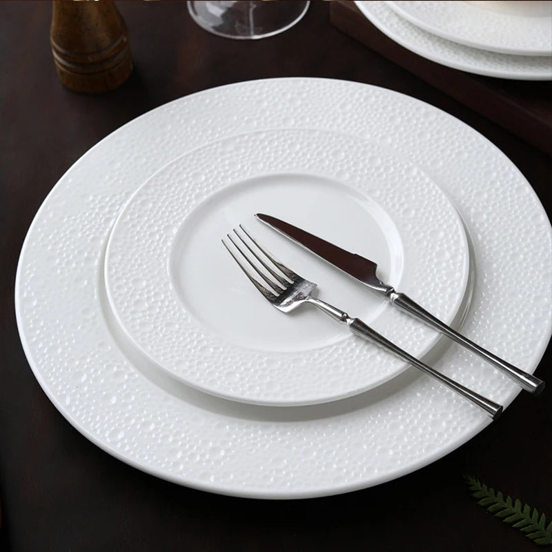 White Porcelain Dinnerware Set Ceramic Plates for Restaurants Christmas European Embossed Shape With Ceramic Tea Sets