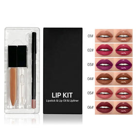Low MOQ Private Label Vegan Waterproof 3 in 1 Set Liquid Matte Lipstick Lipgloss Lip Liner Pencil 6 Colors Stock Matte Lip Kit