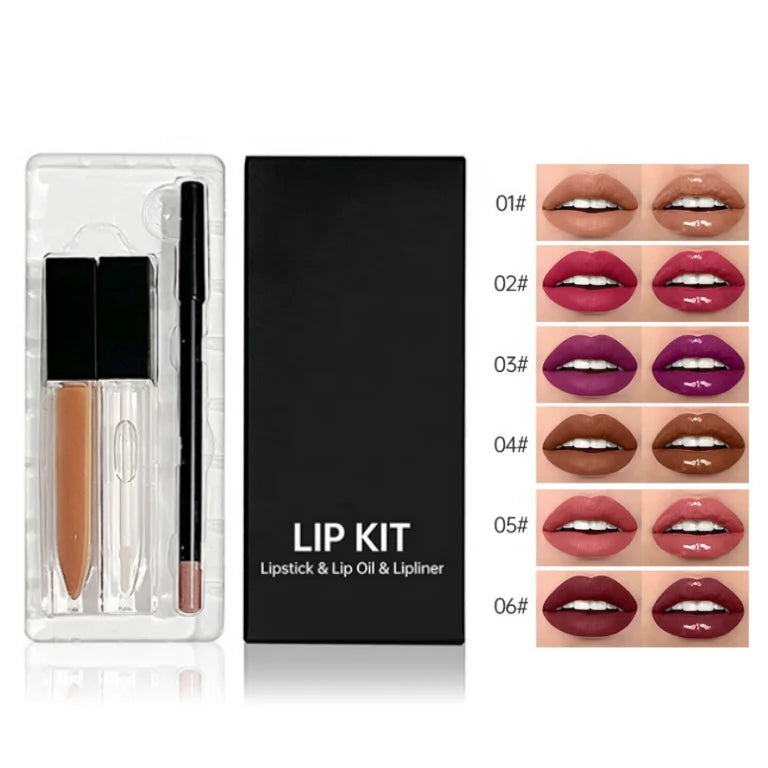 Low MOQ Private Label Vegan Waterproof 3 in 1 Set Liquid Matte Lipstick Lipgloss Lip Liner Pencil 6 Colors Stock Matte Lip Kit
