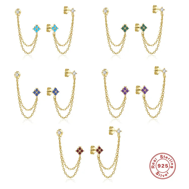 SP Women Minimal Fancy Silver Jewelry Gold Plated 925 Sterling Silver Long Chain Tassel Zircon Flower Dangle Earring