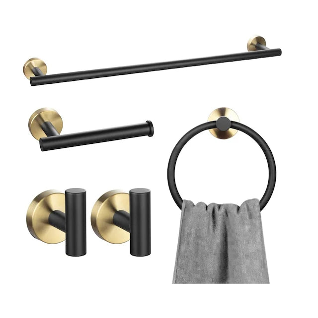 24 Inch Towel Bar Robe Hooks Paper Holder Towel Ring 5 PCS Bathroom Hardware Set Gold and Black